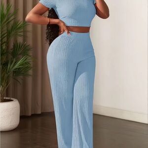 Ribbed High-Waist Wide-Leg Pants - Light Blue
